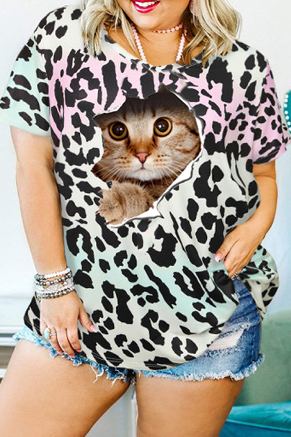 Cat Print Leopard Short Sleeve Tee