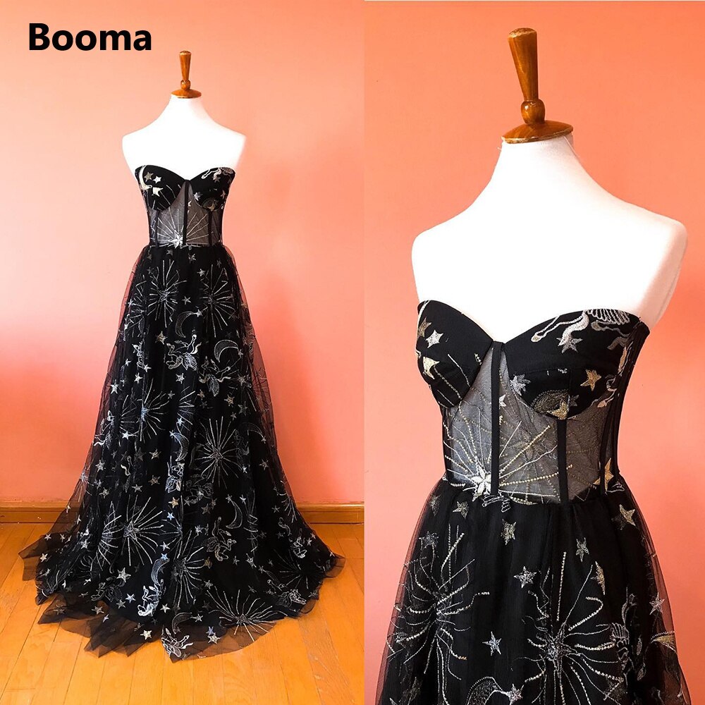 Booma Black Constellation Embroidery Tulle Maxi Prom Dresses Sweetheart Sleeveless Illusion A-Line Long Formal Evening Gowns alx