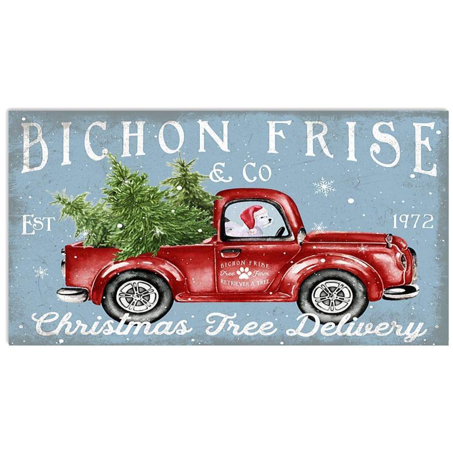 Bichon Frise Puppy On Red Christmas Truck Horizontal Poster