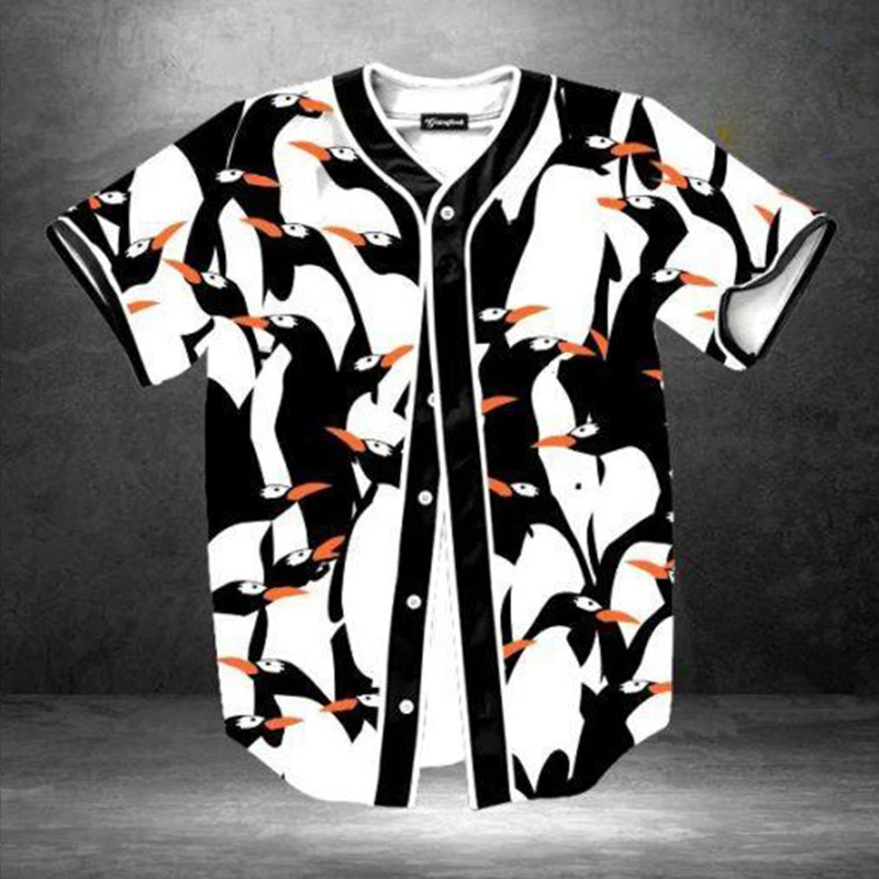 Cute Penguin Print Polyester Spandex Baseball Jersey Shirt