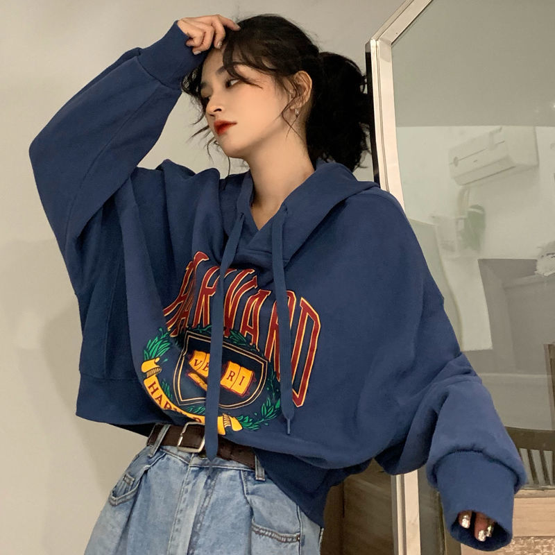 Women Hoodies Hooded Cropped Tops Sweatshirts Printed Chic Fashion Vintage All-match Students Leisure Korean Style Trendy New alx