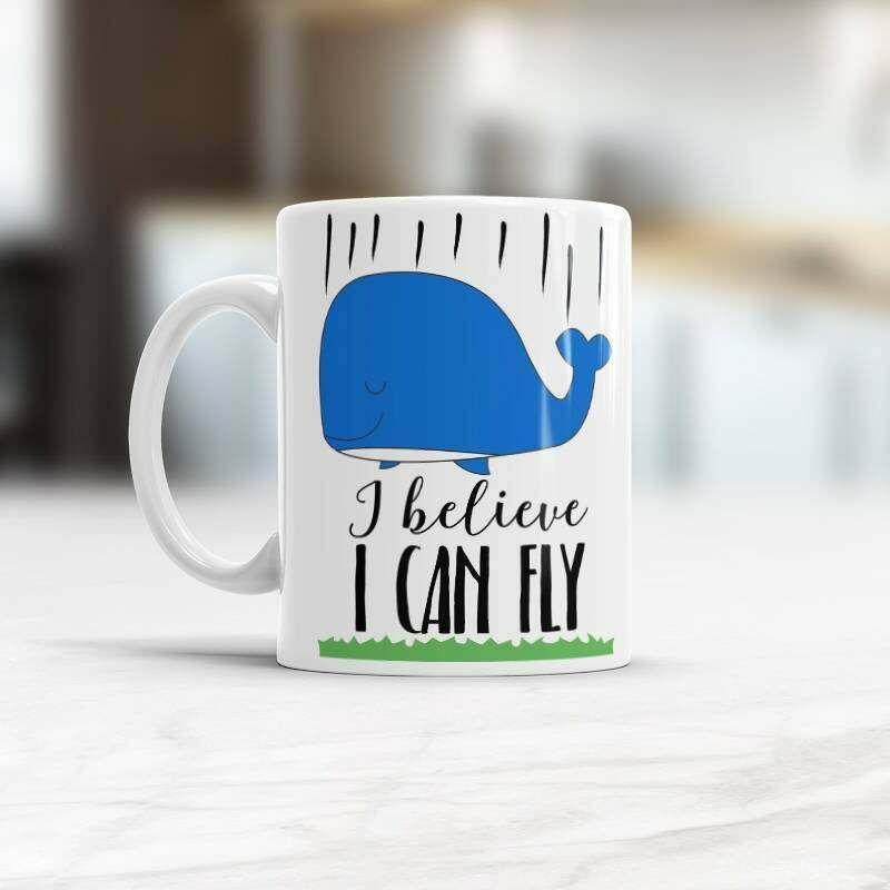 Whale I Believe I Can Fly Inspirational Quote Tea Cup Mug White Ceramic 11-15oz Coffee Tea Cup