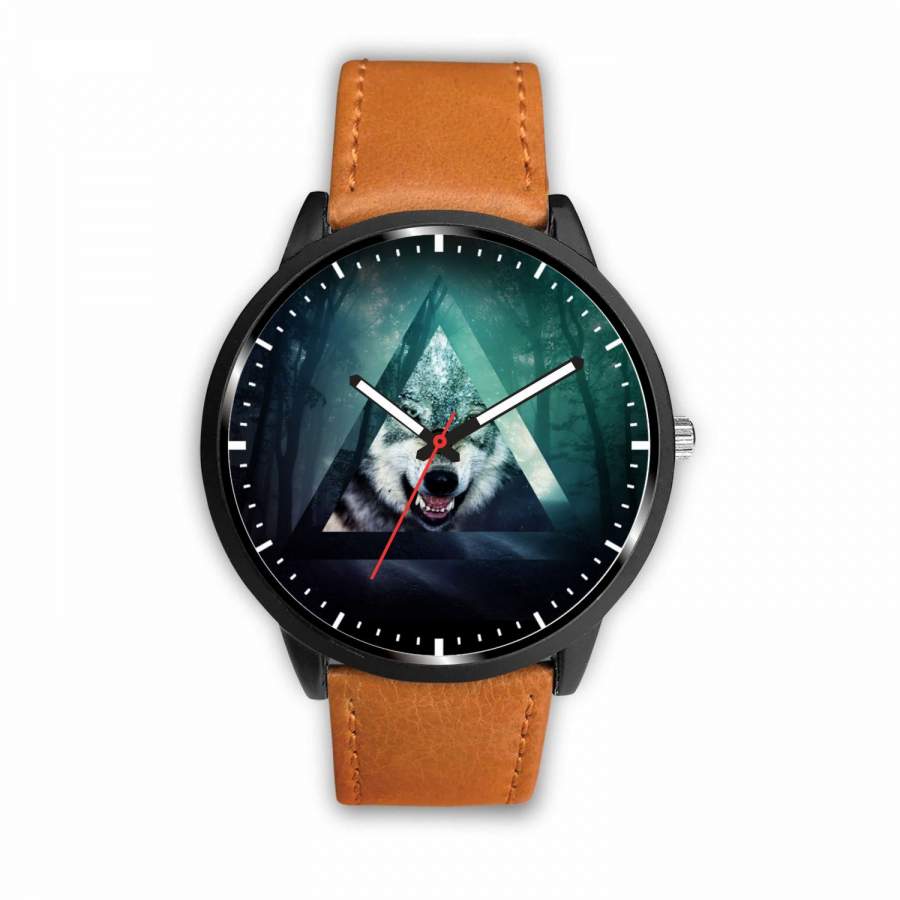 3D Wolf Watch – Stainless steel back with leather/ stainless steel band 002