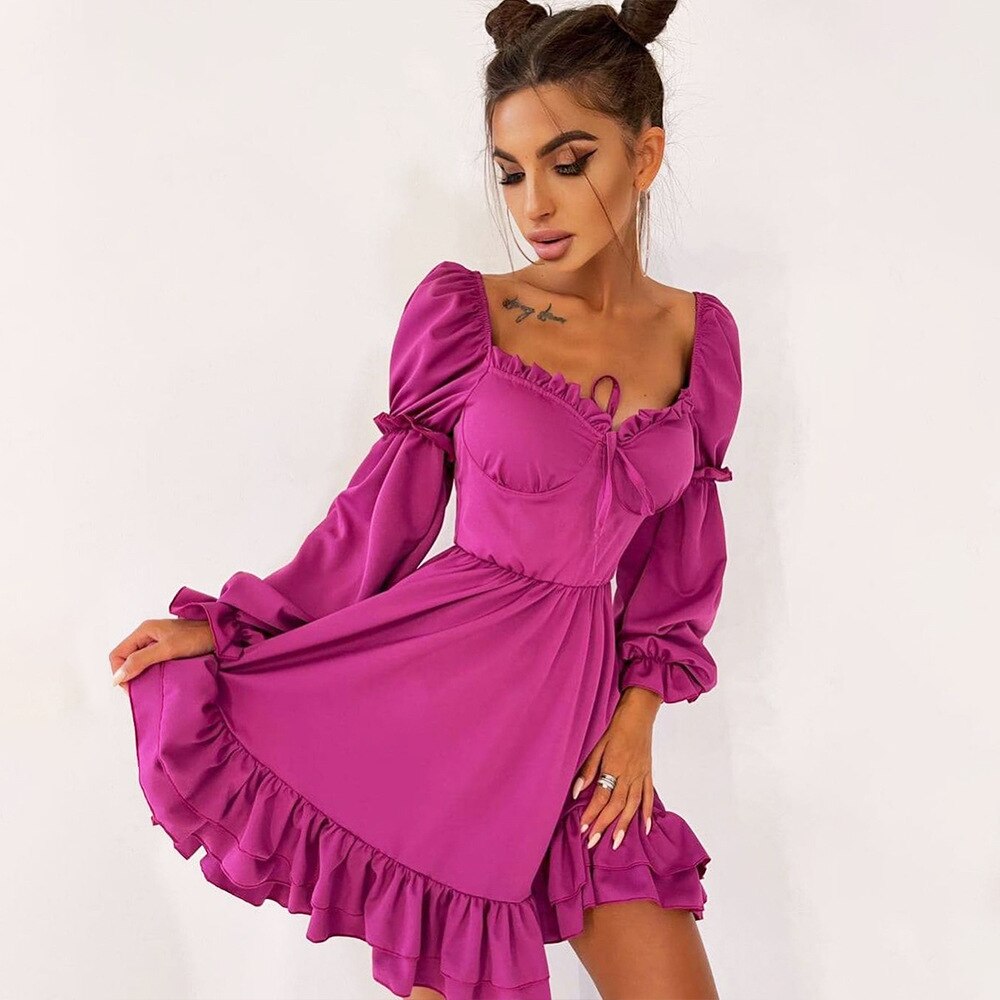 YZZ Ladies Ruffle Elegant Dress Solid Princess Sleeve A-Line Dress Autumn Vestidos Fashion Trends Women Clothing alx