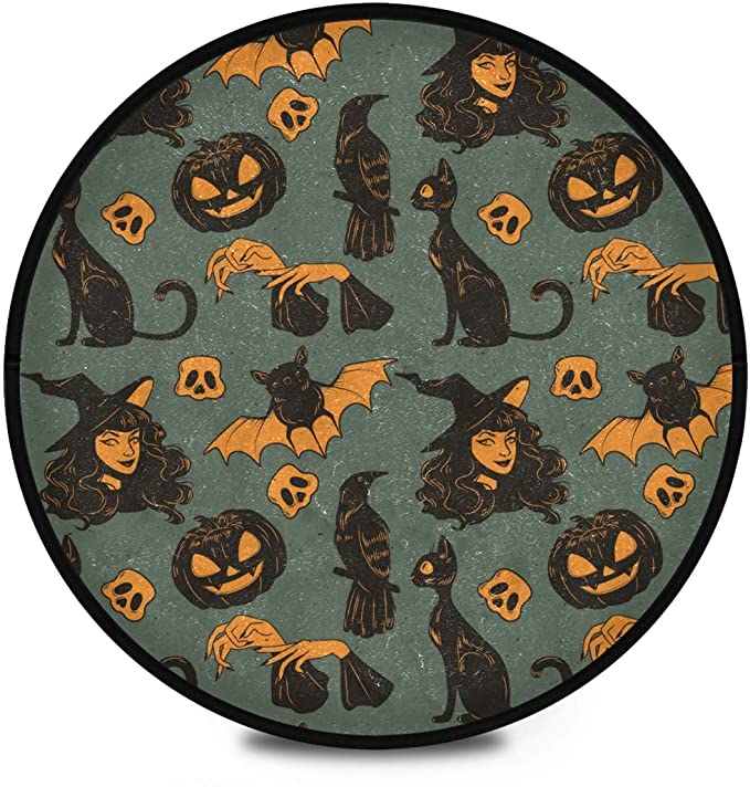 Halloween Shaggy Round Mat Halloween Black Cat Pumpkins Small Round Rug For Kids Living Dining Room Anti-Slip Rug Room Carpets Play Mat