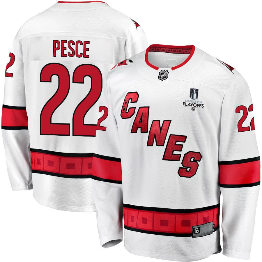 Brett Pesce 22 Carolina Hurricanes Stanley Cup 2023 Playoffs Patch Away Breakaway Men Jersey – White