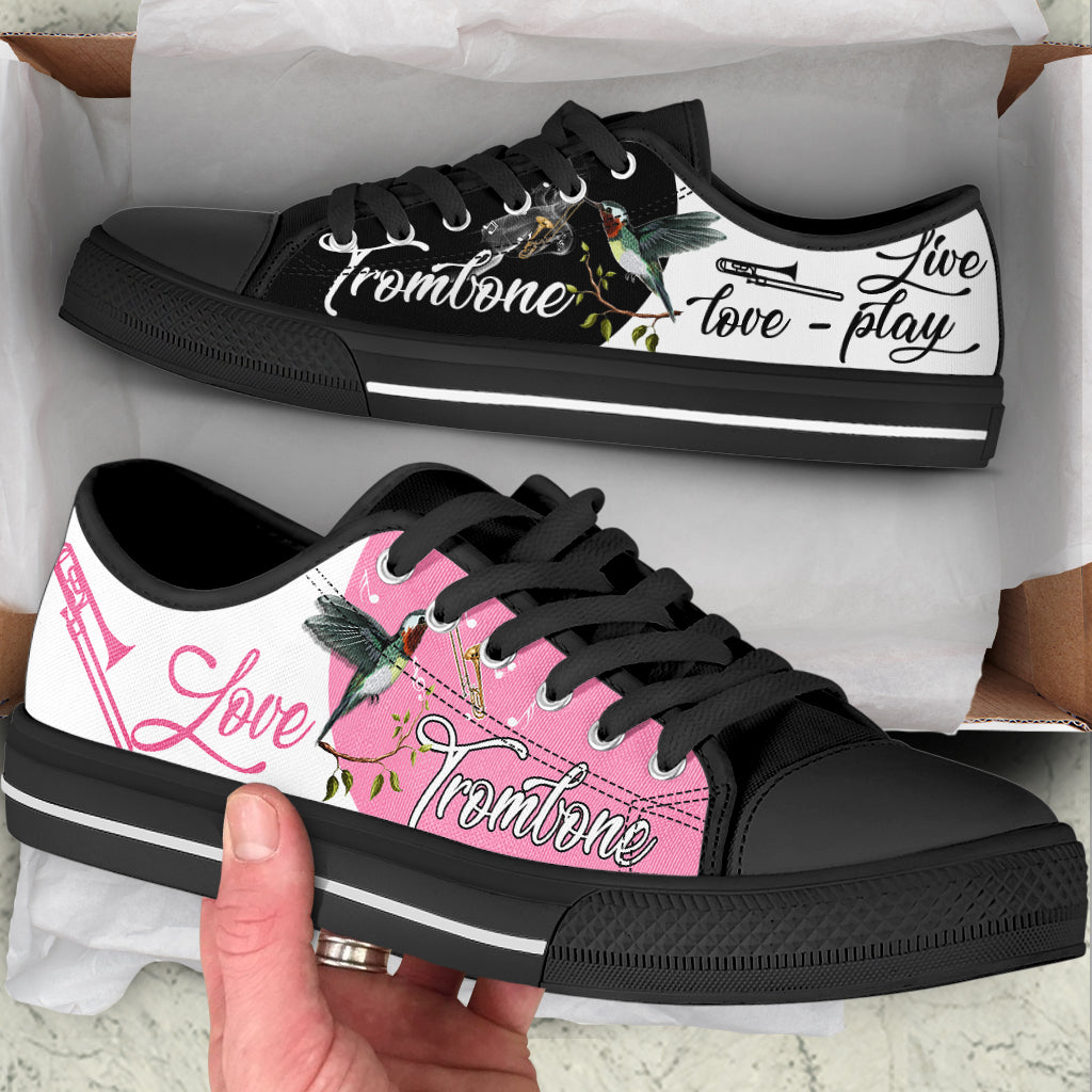 Trombone And Hummingbird Live Love Play Low Top Music Shoes Canvas Print Lowtop Fashionable Casual Shoes Gift For Adults