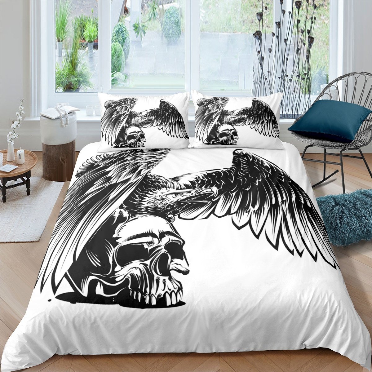 Skull Bedding Set For Kids Boys Teens, Human Skeleton Bones Skull And Eagle Print Comforter Cover Animal Theme Duvet Cover Set With Zipper Ties 2/3 Pcs With Pillowcase