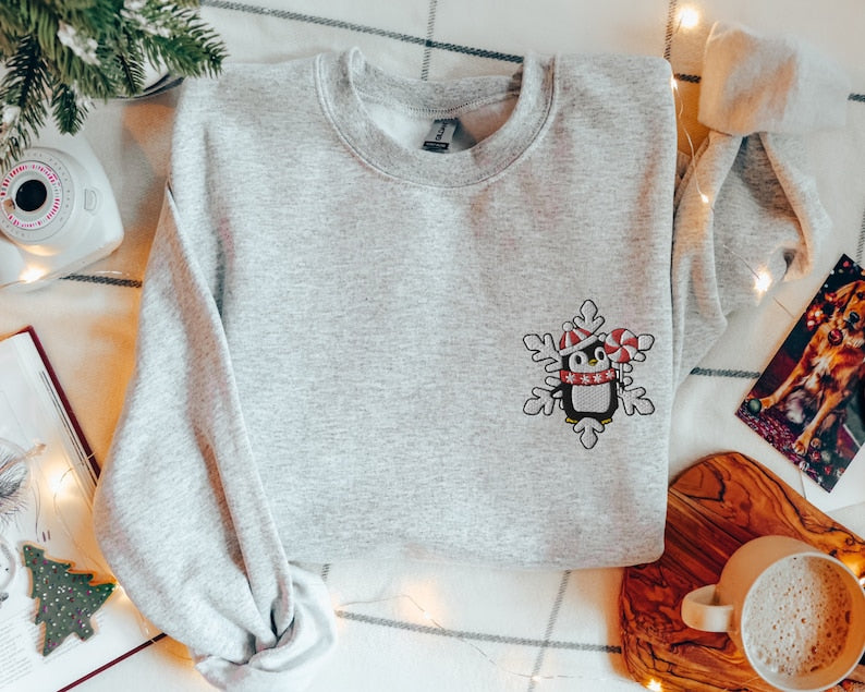 Snowflake Penguin Christmas Embroidered Sweatshirt 2D Crewneck Sweatshirt All Over Print Sweatshirt For Women Sweatshirt For Men Sws5382