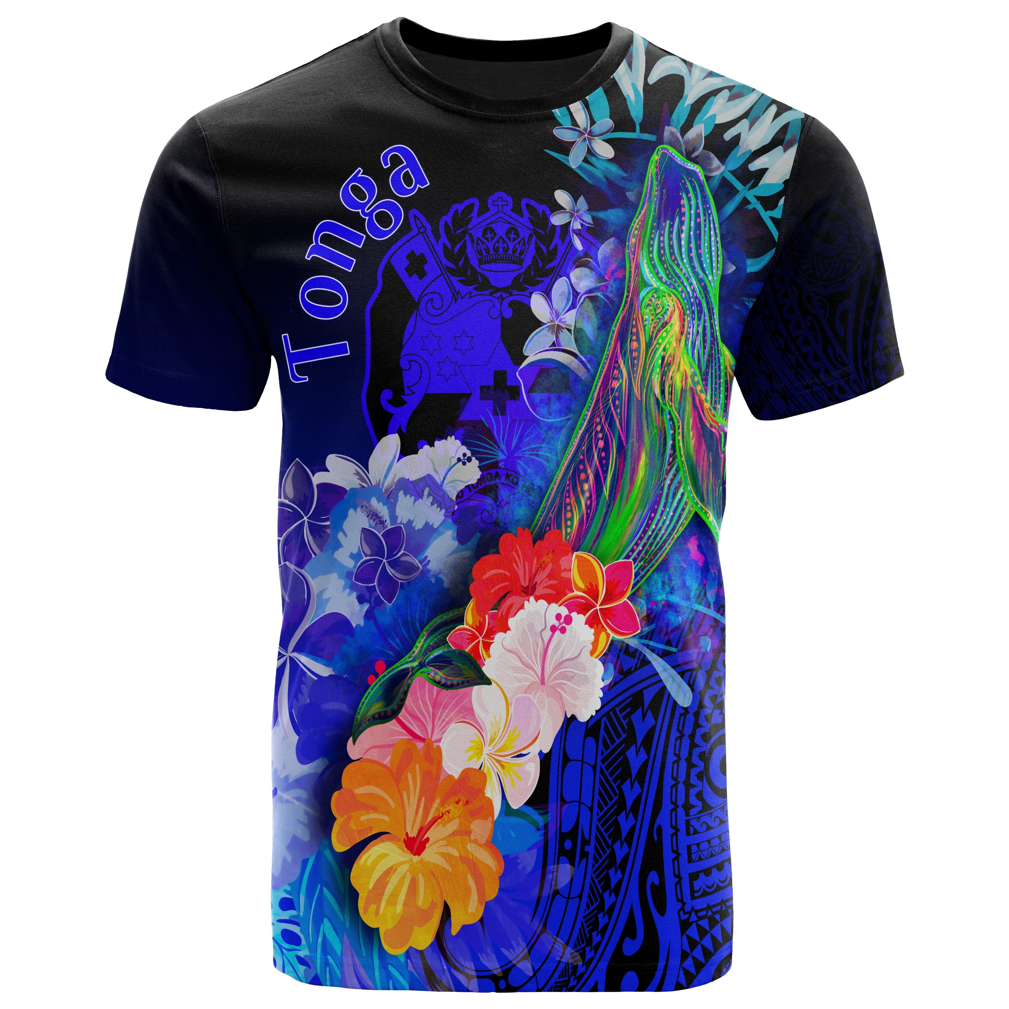 Tonga T-Shirts – Humpback Whale With Tropical Flowers (Blue)