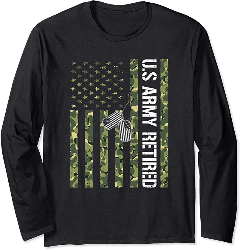 Vintage US Army Retired American Flag Camo Veteran Day Gift Long Sleeve T-Shirt