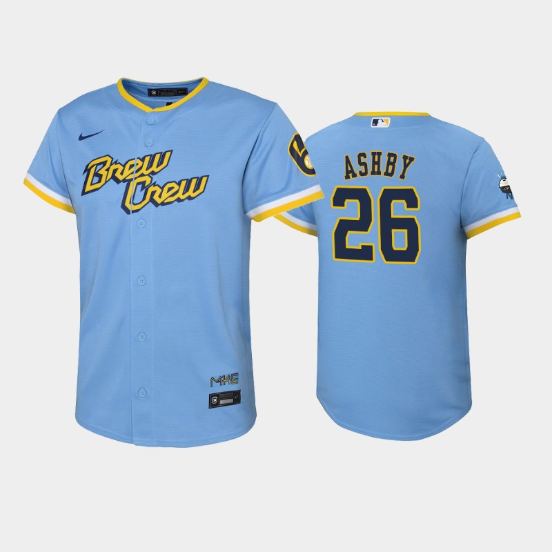 2022-23 City Connect Youth Milwaukee Brewers Aaron Ashby 26 Aaron Ashby Jersey – Powder Blue