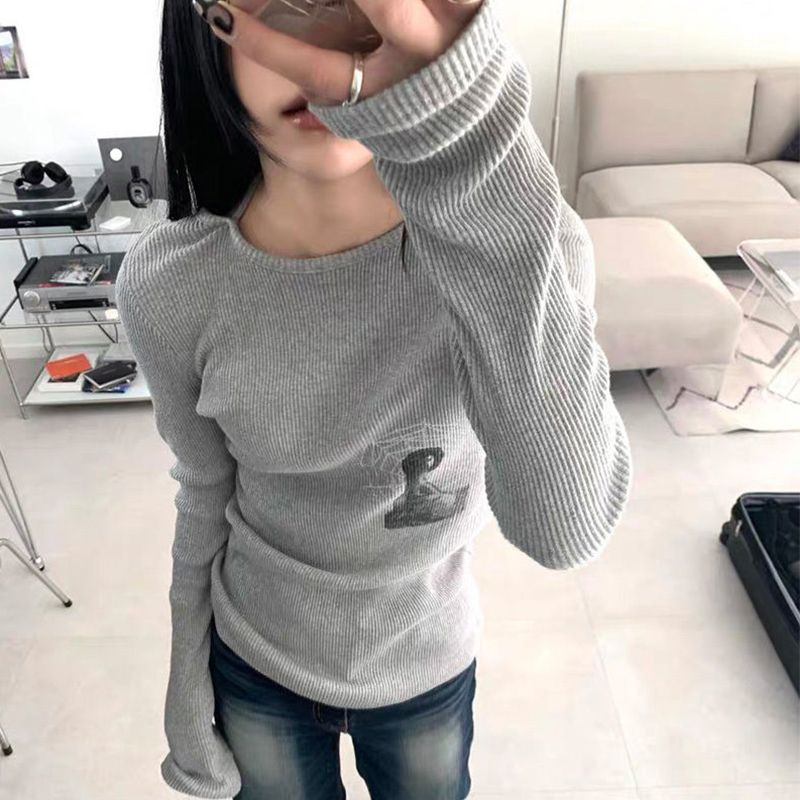 Vintage Y2k Sweater Women 2022 Autumn and Winter New Niche Slim Sexy Tops Fashion Lace-up Print Inside Hitched Bottoming Shirt alx