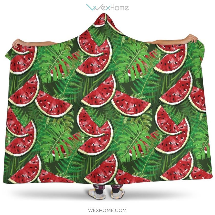 Watermelons Tropical Palm Leaves Pattern Background Hooded Blanket