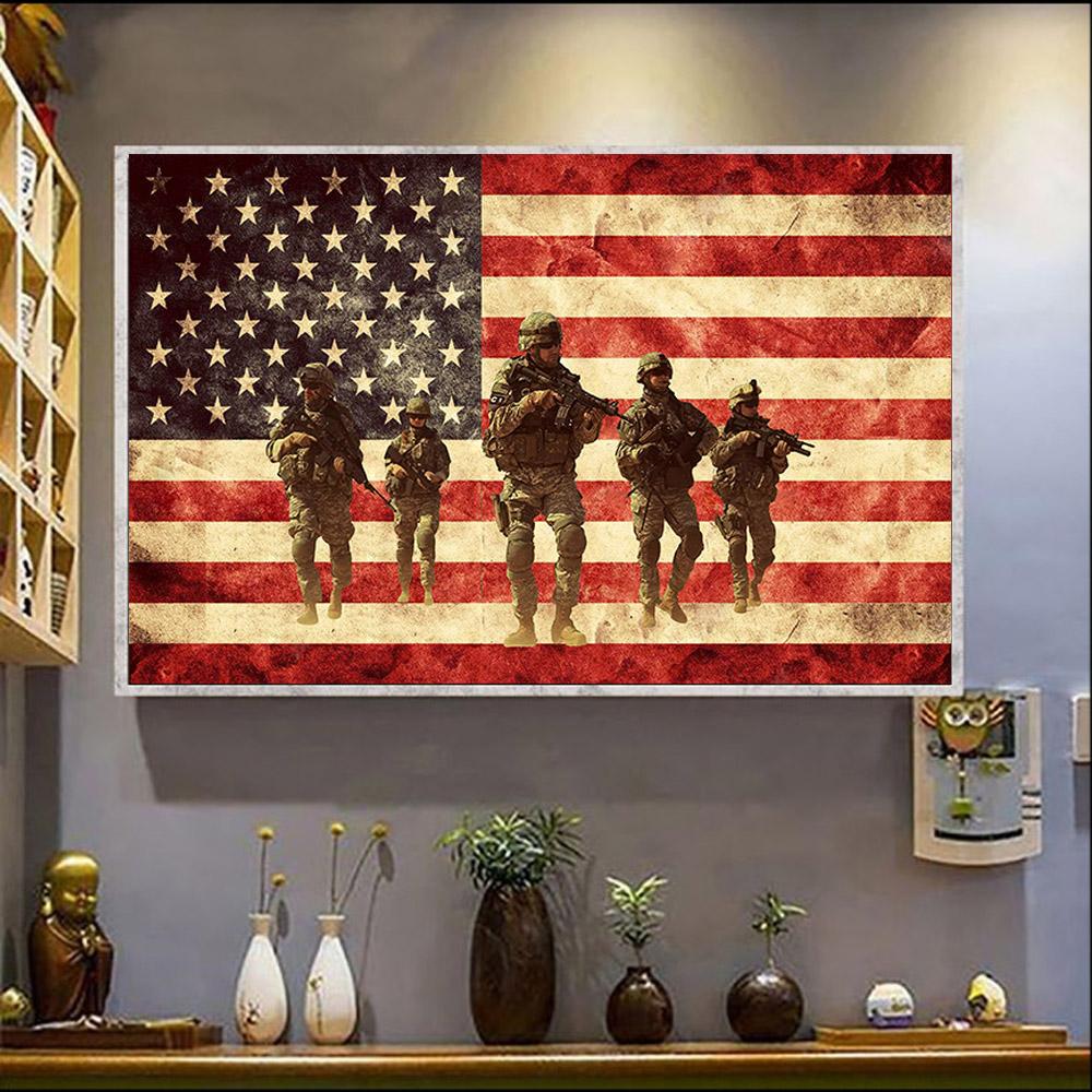 American Soldier USA Flag Poster Vintage Patriotic Home Wall Decor For Living Room