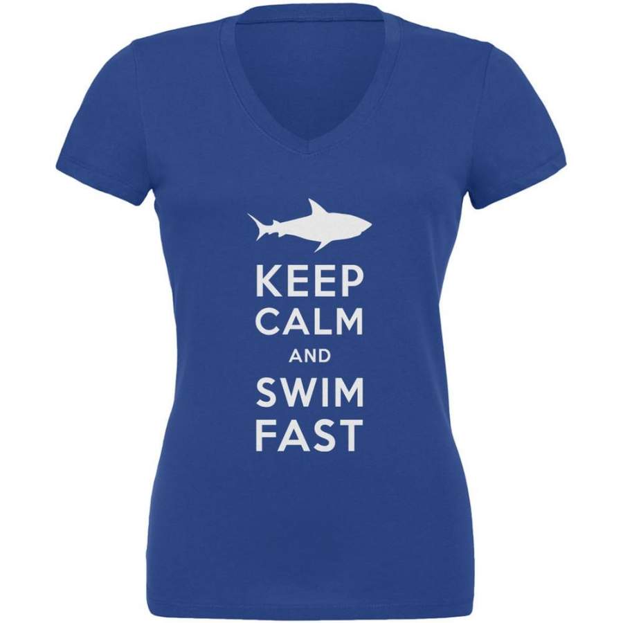 Shark Keep Calm and Swim Fast Royal Juniors V-Neck T-Shirt