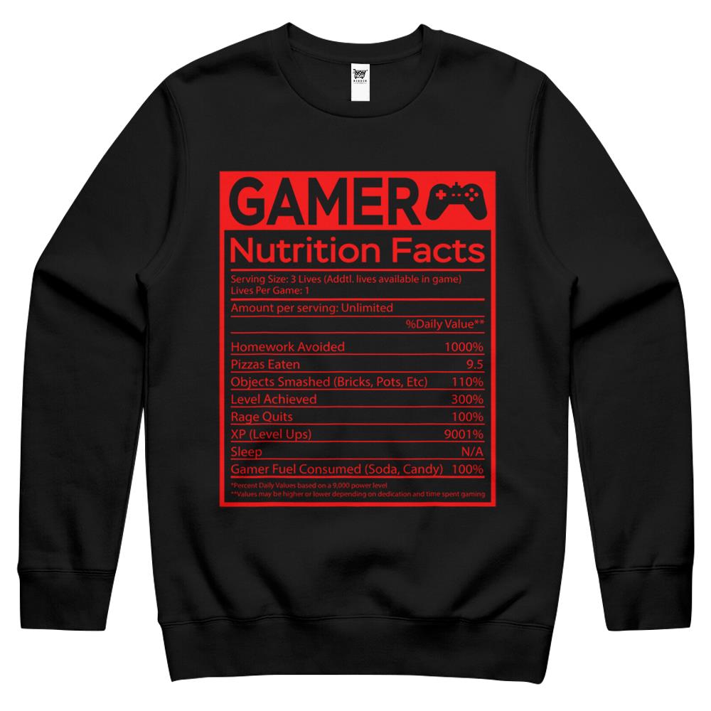 Nutritional Facts Shirt, Gamer Nutrition Facts Shirt, Blue Gamer Nutrition Facts Video Game Funny Crewneck Sweatshirt