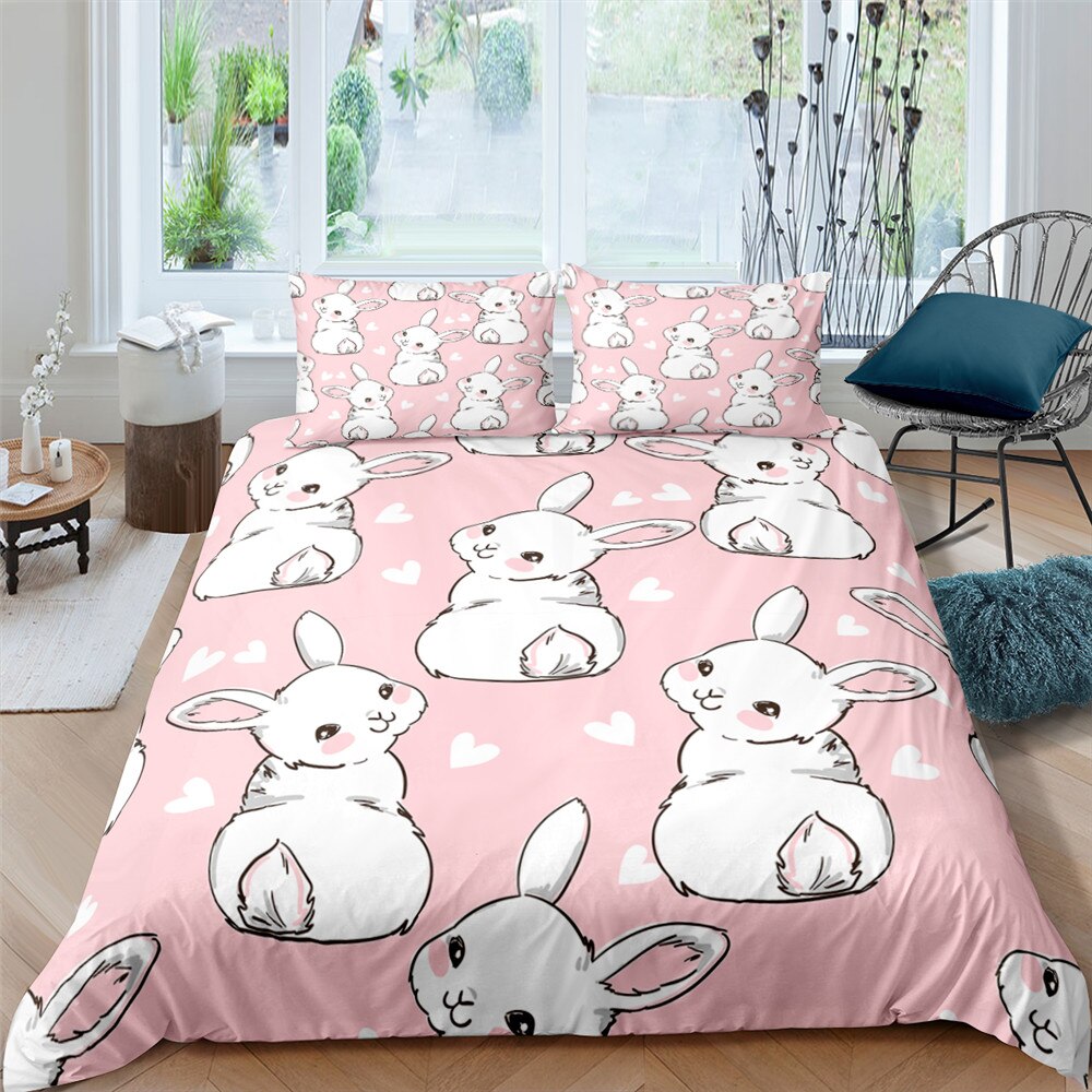 Cartoon Print Rabbit Bedding Sets Girls Kid Teen Cute Bunny Duvet Cover Pillowcase King Queen Twin