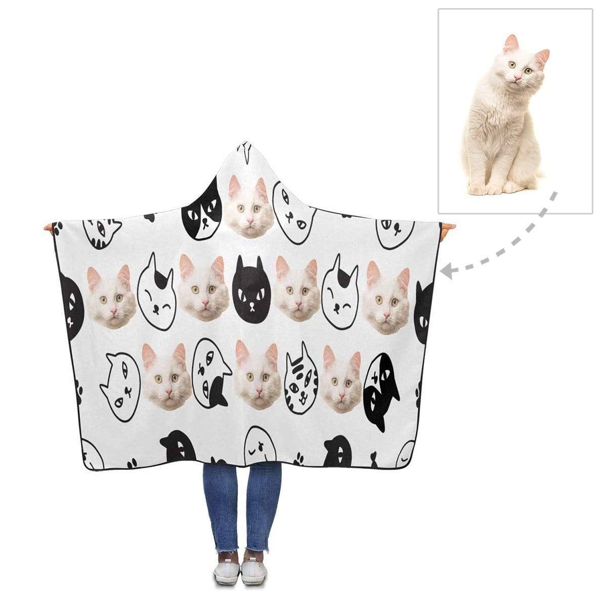 Custom Face Black And White Cat Hooded Blanket