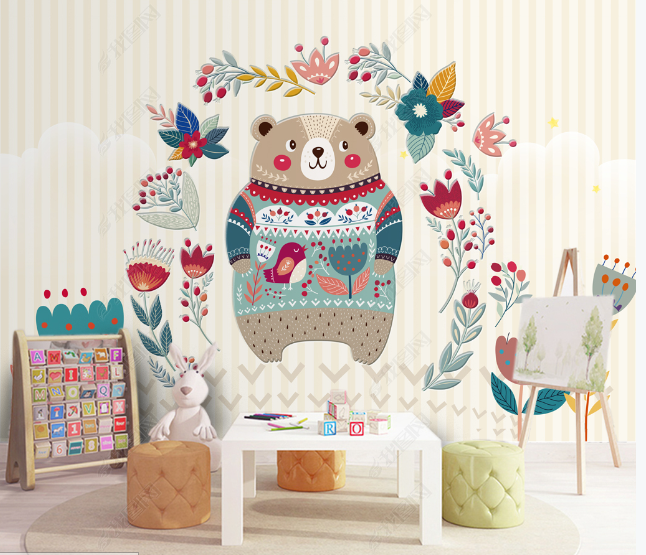 3D Cartoon Animal Bear Floral Wall Mural Wallpaper Lqh 30