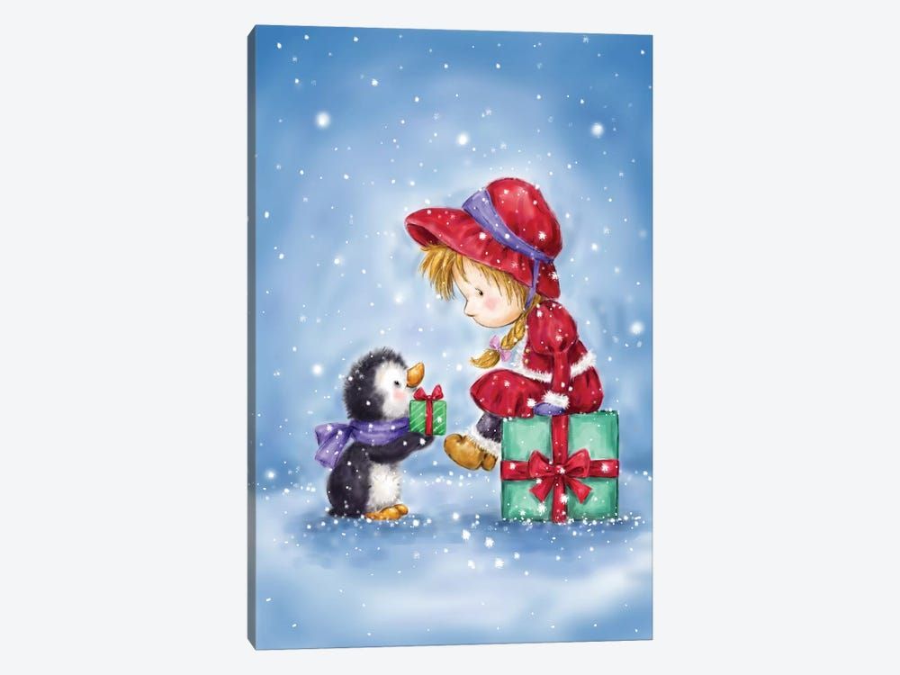 Little Girl and Penguin I Canvas Poster 8″x12″ 12×18″ 18″x26″ 24″x36″ 30″x45″