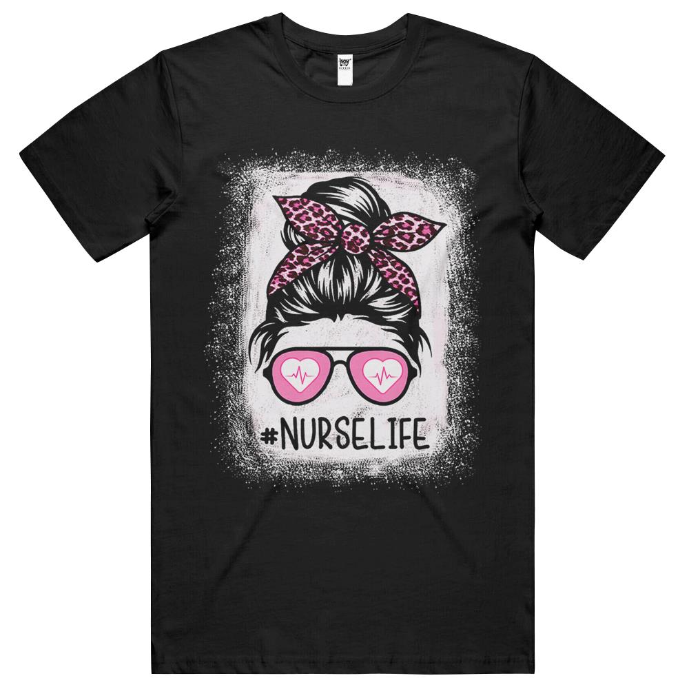 Nurse Life Bleached Shirts Pink Leopard Messy Bun Nurse Life T Shirts