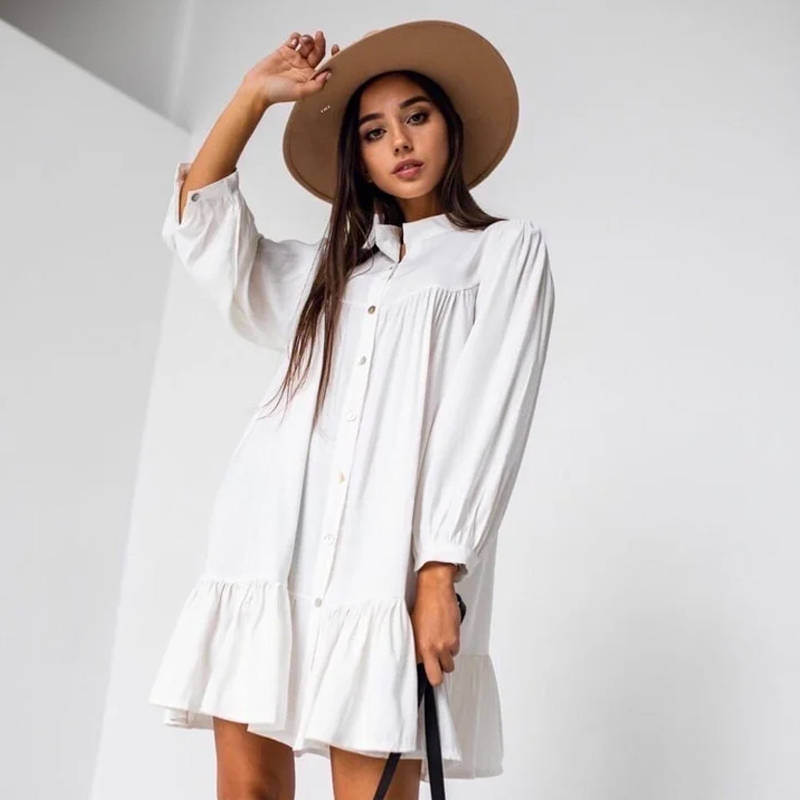 Women Vintage Ruffled Front Button A-line Dress Long Sleeve Stand Collar Solid Elegant Casual Mini Dress 2021 Autumn New Dress alx