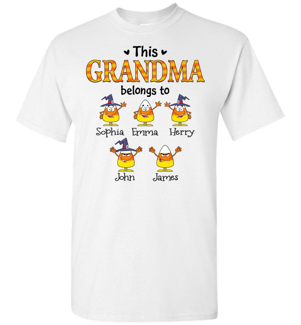 Personalized Grandma Belongs To Grandkids Custom Name Candy Halloween Gift Idea For Mimi Nana Gigi Mom T Shirt