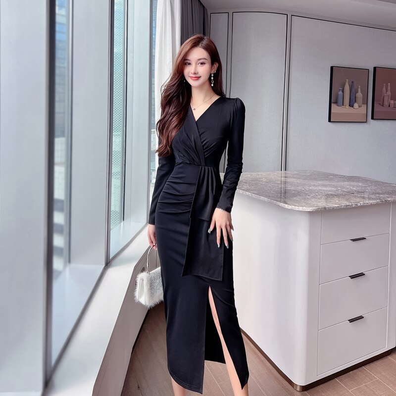 V Neck Elegant Chic Women Dresses Ladies 2022 Long Sleeves Sexy Costume Woman Black Female Dress Hip Wrap Korean Fashion Women’s alx