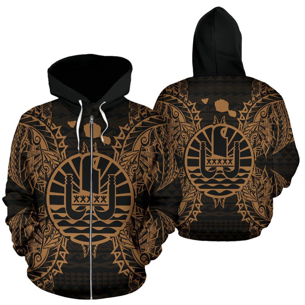 French Polynesia Polynesian All Over Zip Up Hoodie Map Gold – Pacific Print Hoodie