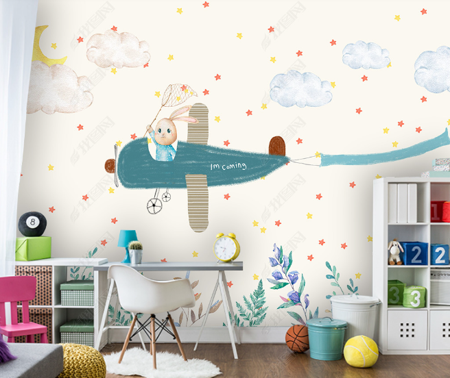 3D Cartoon Sky Cloud Airplane Animal Wall Mural Wallpaper Lqh 27