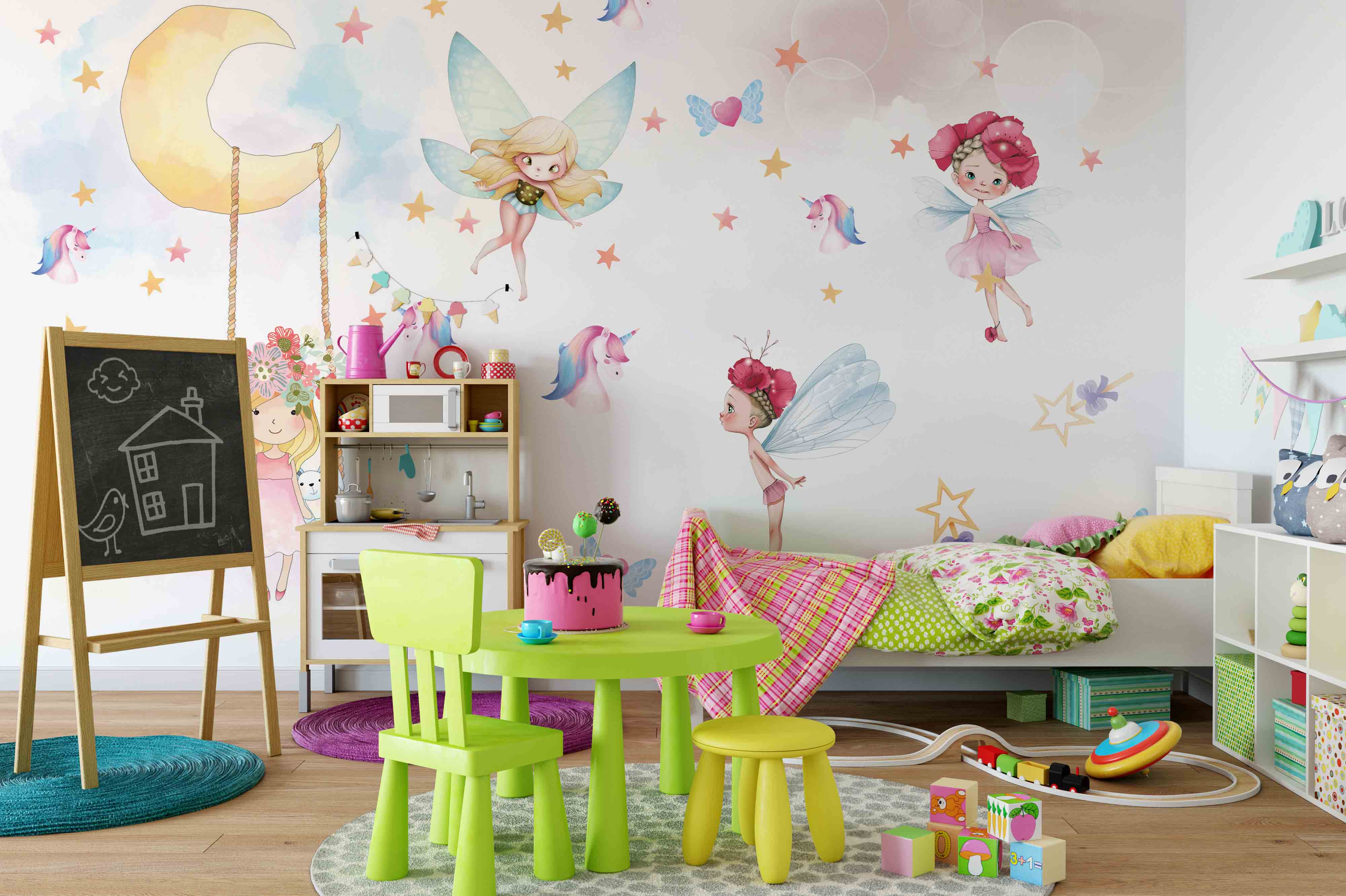 3D Angel Unicorn Moon Star Swing Girl Rabbit Wall Mural Wallpaper 9