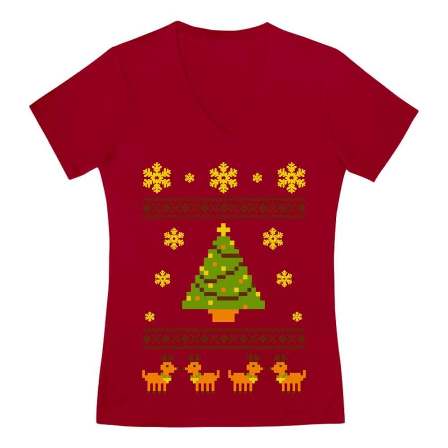 Ugly Christmas Sweater Reindeer & Xmas Tree V-Neck Fitted Women T-Shirt