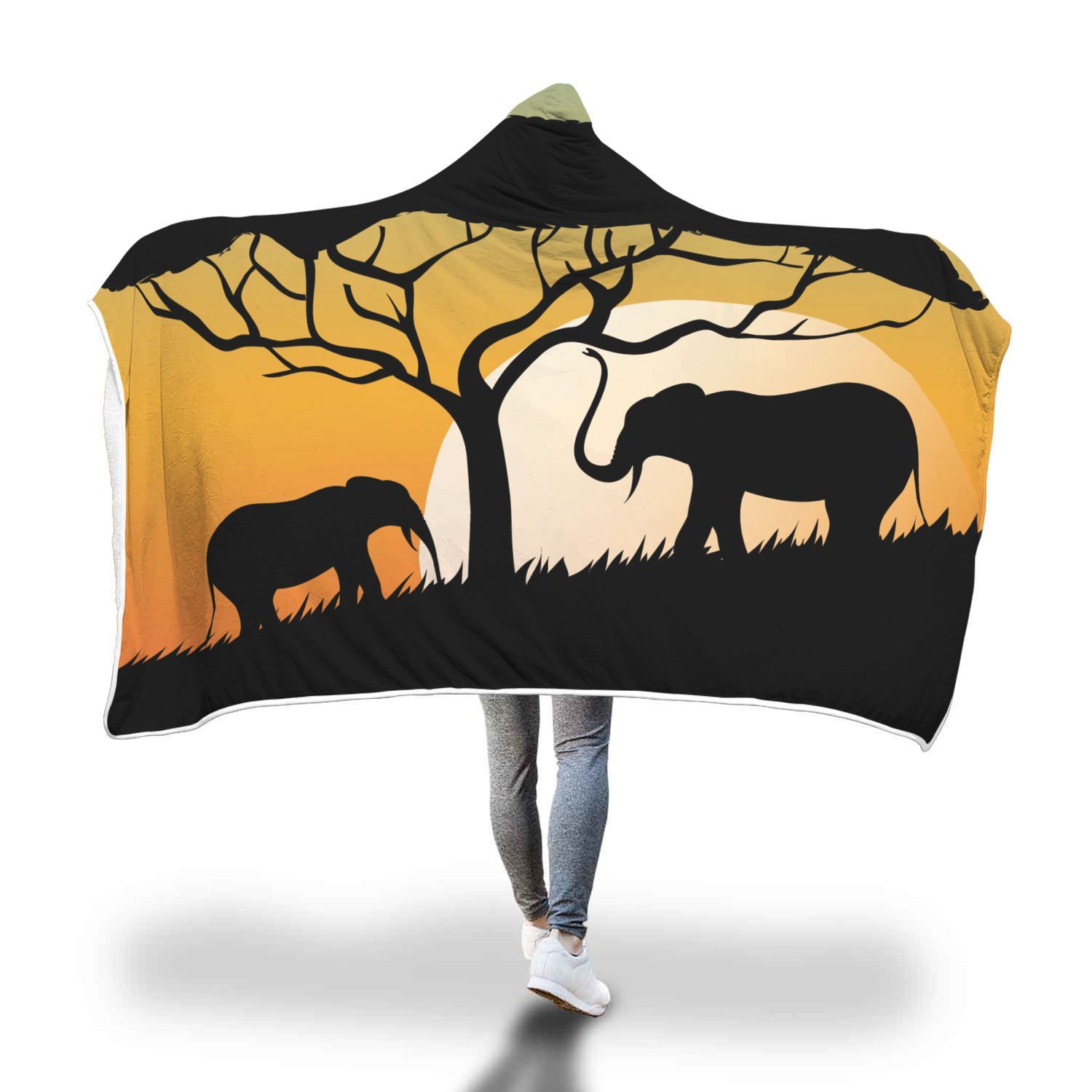 African Elephant Sunset Hooded Blanket