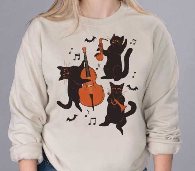 Musical Halloween Cats Crewneck Sweatshirt, Black Cat Spooky Halloween Pullover Sweatshirt, Trendy Magic Crewneck