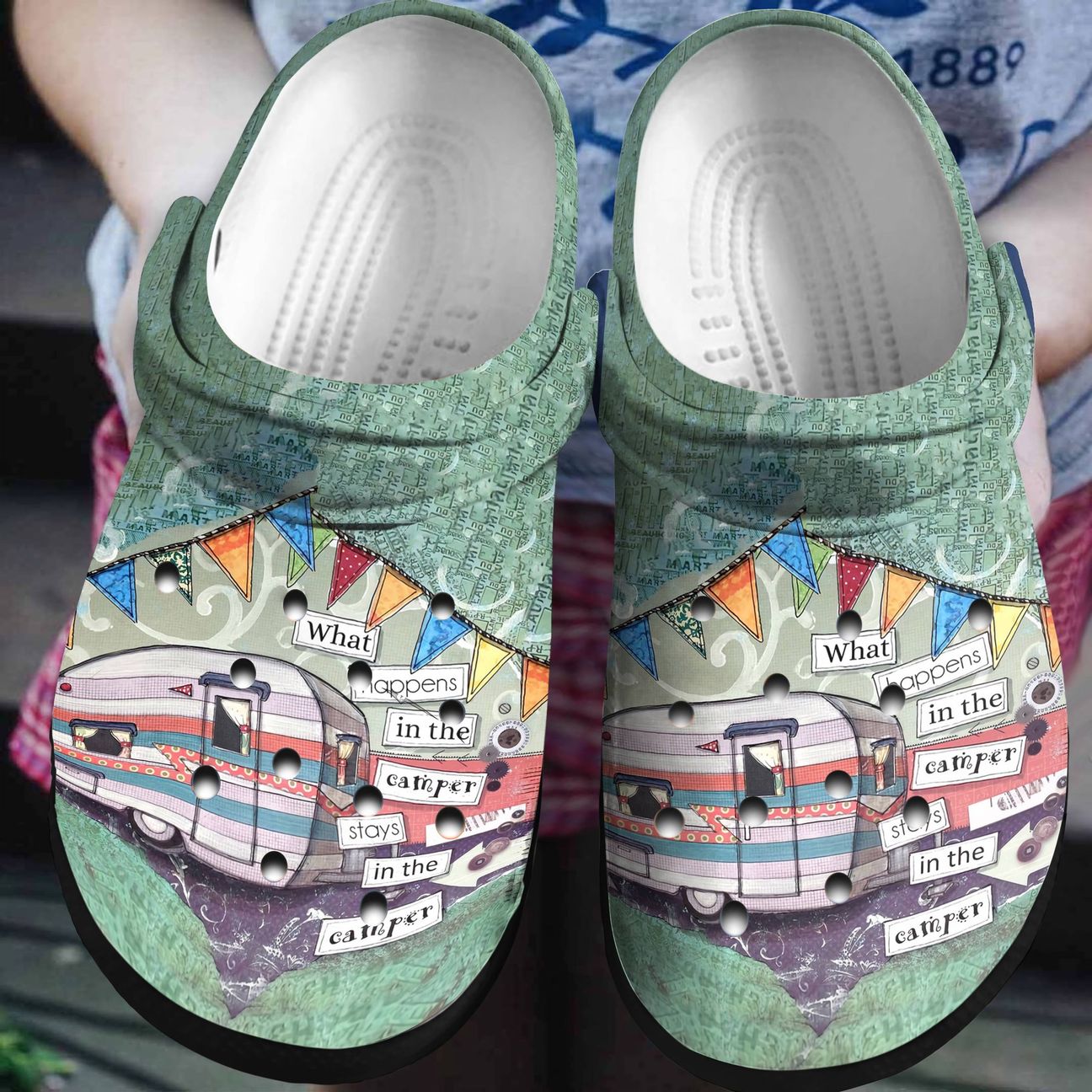 Camping Personalized Clog, Custom Name, Text, Color, Number Fashion Style For Women, Men, Kid, Print 3D What Happens In The Camper Stays In The Camper