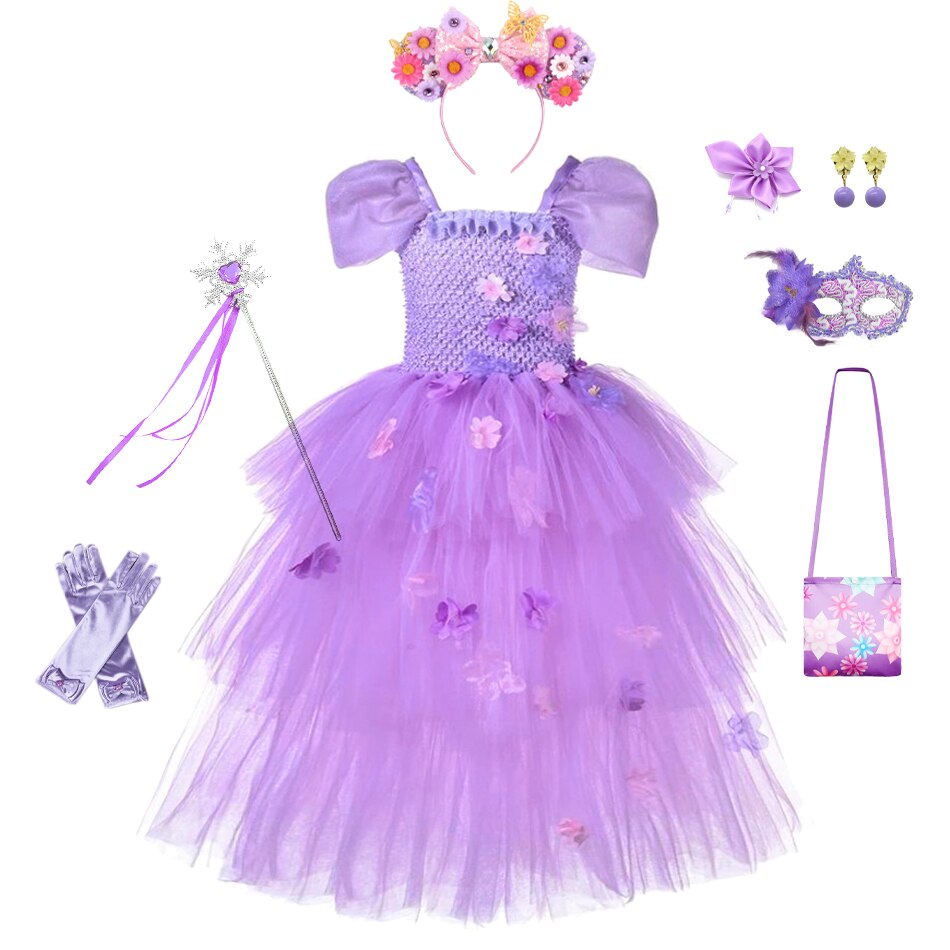 2022 Halloween Cosplay Children Tulle Encanto Costume Baby Girls Shoulderless Flowers Kids Mirabel Isabela Party Princess Dress alx