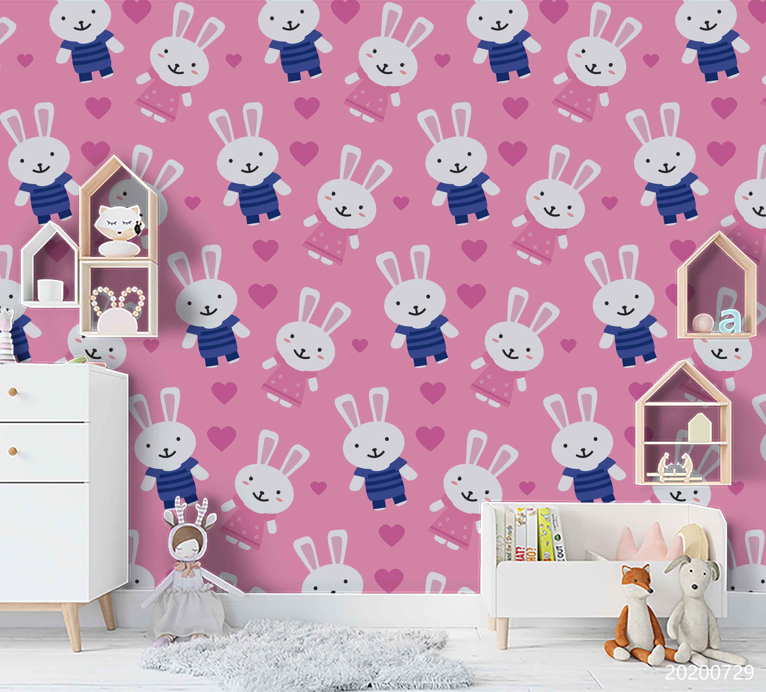 3D Cartoon Pink Bunny Wall Mural Wallpaper Lxl 654