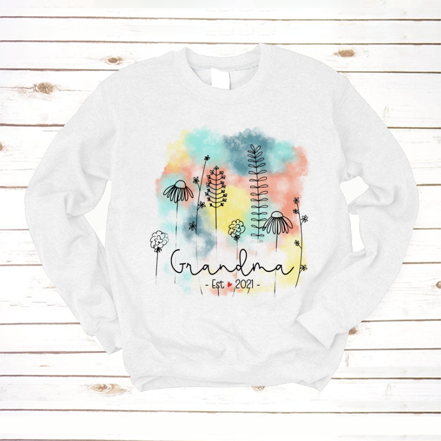 Personalized Grandma Est Flower Color Sweatshirt