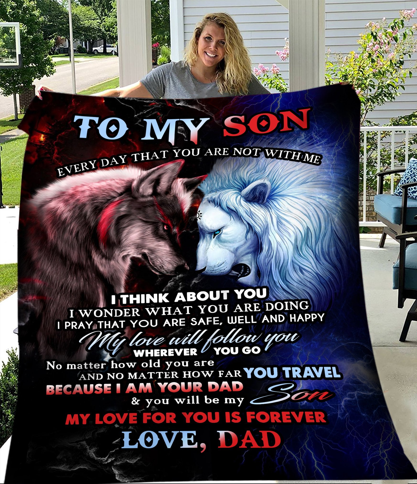 To My Son, Gift For Son, Birthday To My Son Lion And Wolf Fleece Blanket