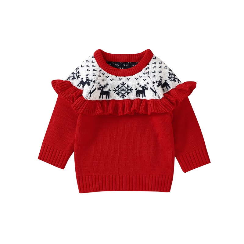 Christmas Baby Girls Sweaters Long Sleeve Round Neck Ruffle Knit Pullover Tops Kid Autumn Winter Outfit Clothing alx