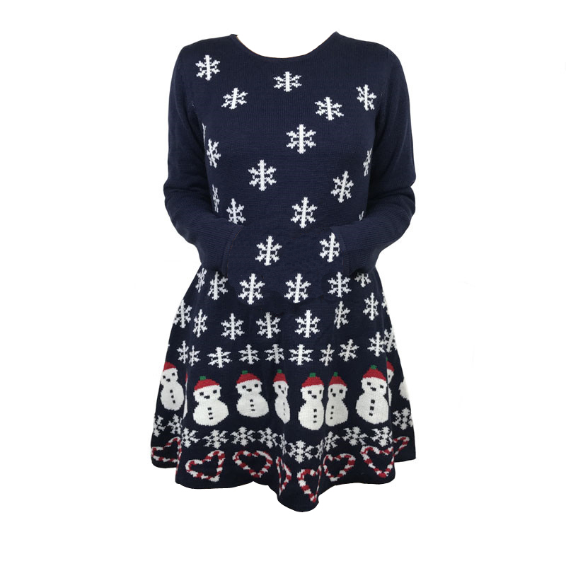 Kawaii Knitted Crewneck Long Sleeve Vintage Deep Blue Graphic Snowflake Snowman Pattern Women’s Ugly Christmas Sweater Dress alx