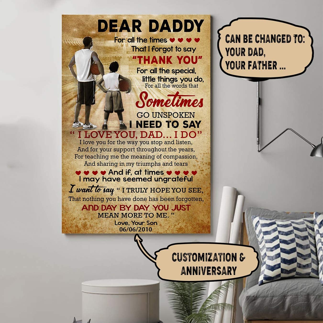 Poster for Room Aesthetic -Command Strips Wall Decor – Ly99 Customizable Basketball Poster – Son to Daddy – I Love You Dad I Do