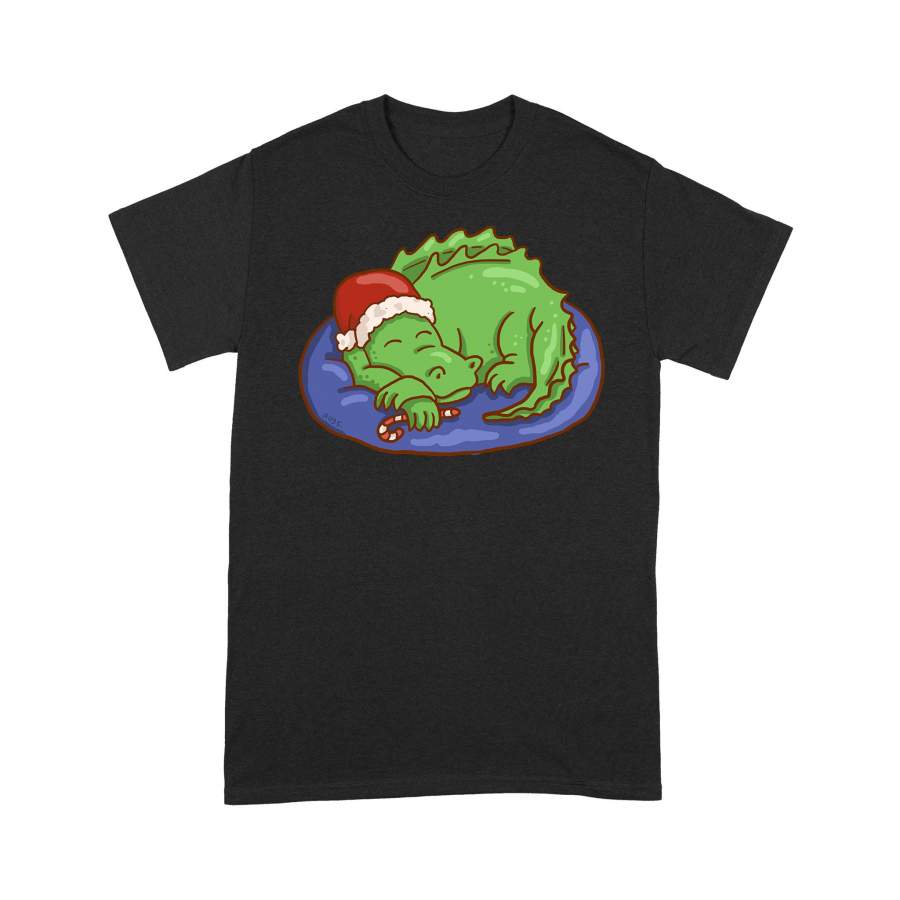 Christmas Gift Idea Dinosaurs Wearing Santa Claus Hat Sleep Well Next To Candy Cane – Standard T-shirt