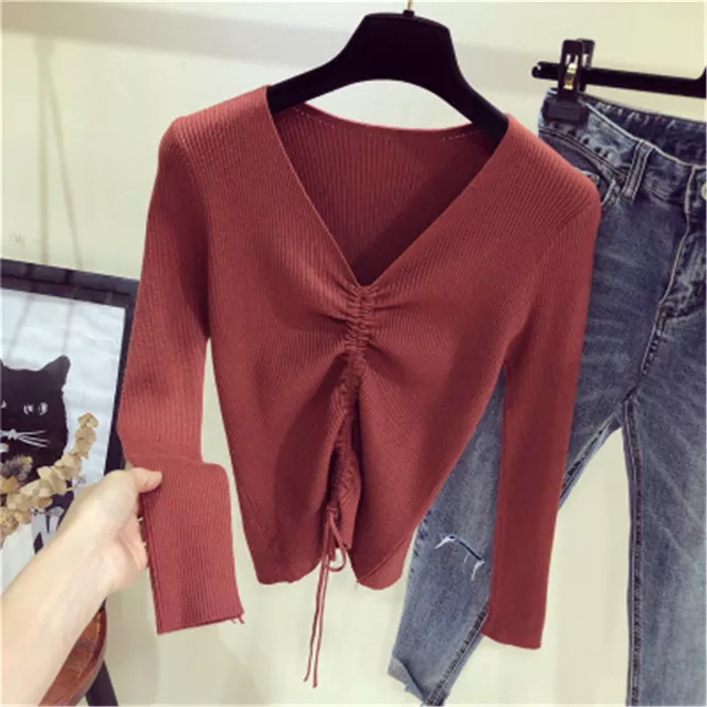 2022New V Neck Lace Up Knitted Sweaters Women Autumn Ribbed Long Sleeve Solid Navel Bare Crop Tops Autumn Knitwear Jumper Tops alx