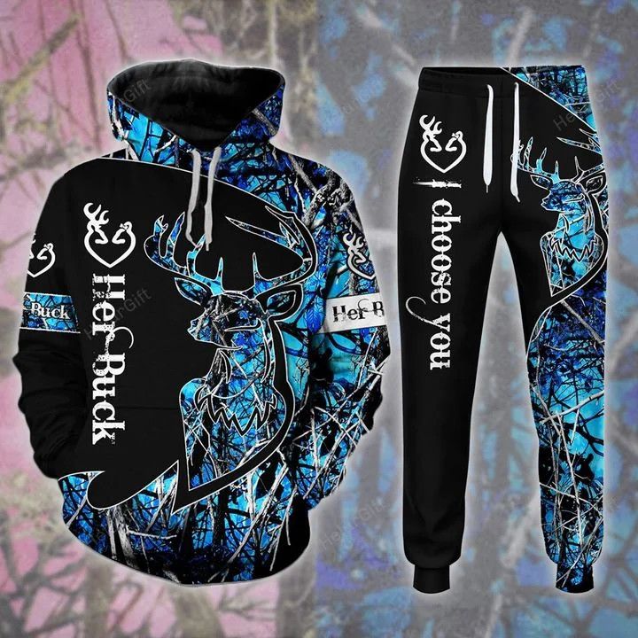 Eddora⢠Couple BUCK N DOE Deer Hunting Combo Hoodie Jogger 3D – LV1240