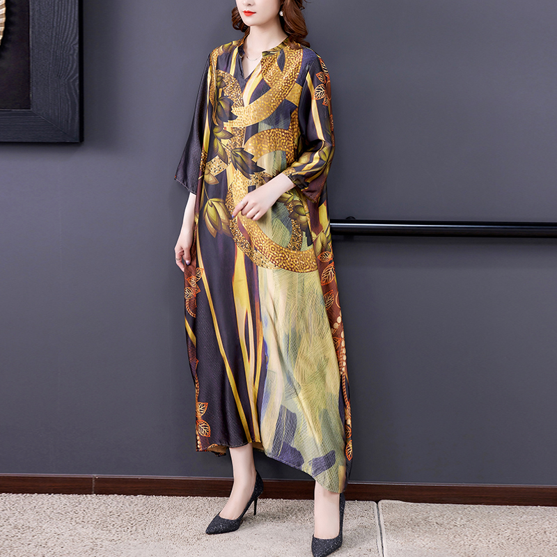 2022 New Pirnt Mulberry Silk V-Neck Sexy Midi Dress Women Korean Vintage Casual Dress Spring Summer Fashion Loose Waist Vestidos alx