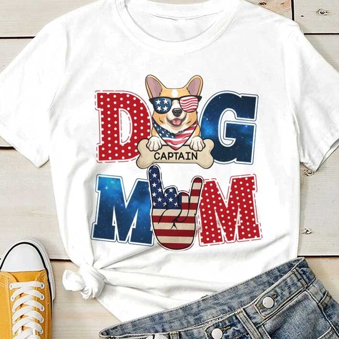 Personalized T-Shirt Dog Mom With Cute Puppy Shirt Us Flag Shirt Custom Dogs Name Shirt For Independence Day