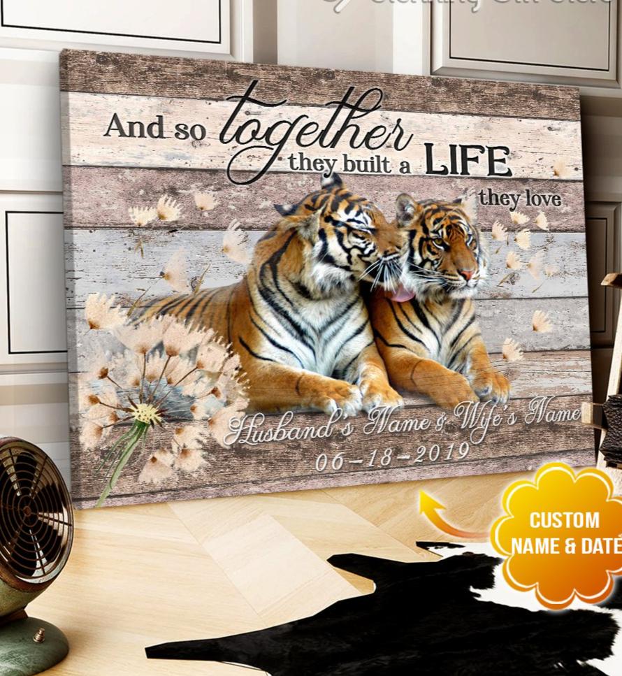 Personalized Name Text Canvas, Poster And Tiger Couple Wall Art – And So Together