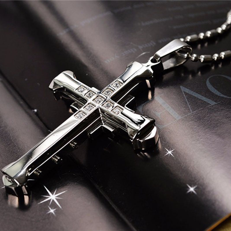 2022 New Male Crystal Cross Jesus Pendant Gold/Black/Blue Color Zirconia Cross Pendant Necklace Stainless Steel Jewelry alx